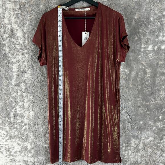 NEW Ellison Size S Shimmer Stretch V Neck Mini Tunic Dress Maroon Short Sleeve - Picture 2 of 9